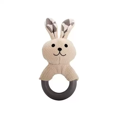 Kousátko králík s TPR kroužkem, se zvukem,  21 cm, krémová/šedá, HipHop Dog