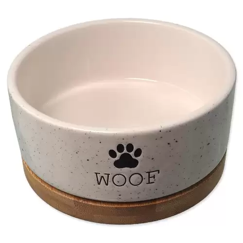 Miska Dog Fantasy keramická bílá WOOF s podtáckem 13x5,5cm, 400ml