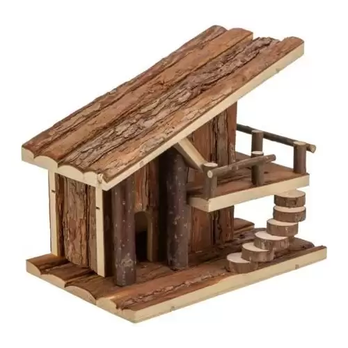 Chaloupka JULE s terasou, pro myšky, 25 x 21 x18 cm, přírodní dřevo s kůrou