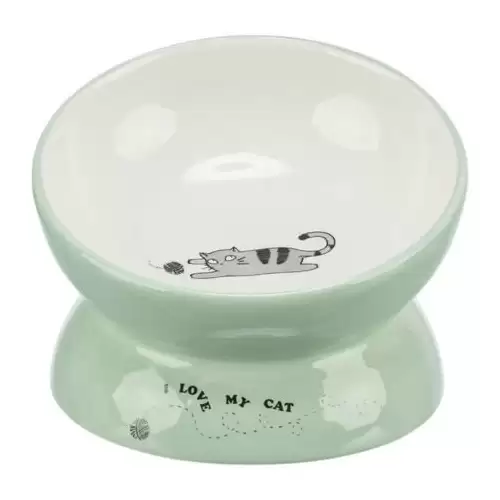 Keramická miska vyvýšená s motivem kočky, ergonomický tvar, 0,15 l / 13 cm, šalvěj/bílá