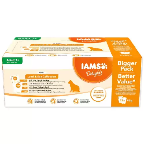 Kapsička IAMS Delights Adult mořské a suchozemské maso v želé multipack 6120g (72x85g) 