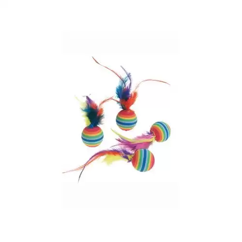 Hračka kočka Míčky s pérky duhové 4ks KAR