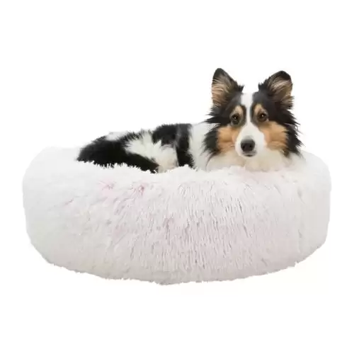 Kulatý pelech HARVEY o 50 cm, hebký potah s dlouhým vlasem, bílá/růžová