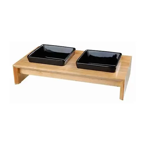 Dřevěný bar, 2x keramická čtyřhranná miska, černá 2 × 0,2 l/10 x 10 cm/ 28 × 5 × 15 cm