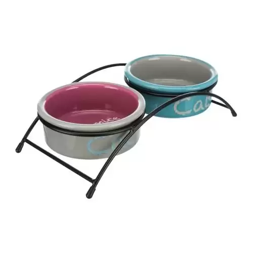 Set keramických misek se stojánkem 2 × 0,3 l / o 12 cm světle šedá/tmavě růžová/světle modrá