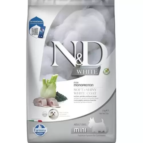  N&D WHITE Dog GF Sea Bass, Spirulina & Fennel Adult Mini 5 kg