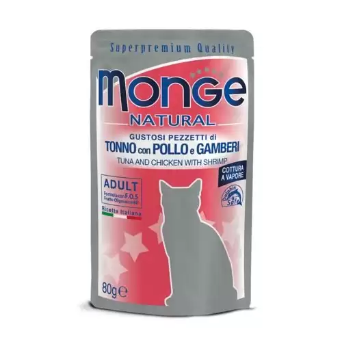 MONGE NATURAL kapsička tuňák a kuře v želé s krevetami pro kočky80g