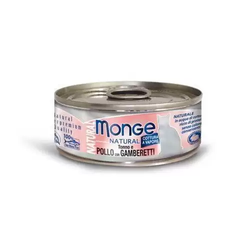 MONGE NATURAL tuňák s kousky kuřete a krevetami pro kočky 80 g