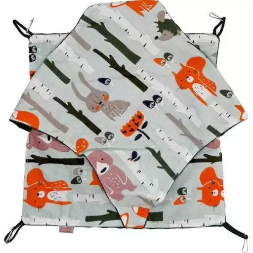  Pelech dr.savec dvoupatrový závěsný, zvířata v lese, lahv.zelená minky 35x35cm