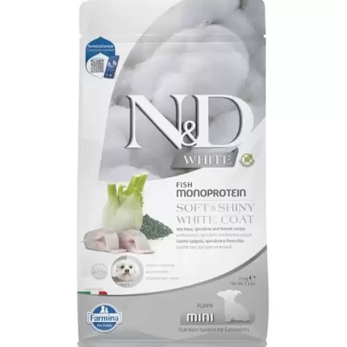  N&D WHITE Dog GF Sea Bass, Spirulina & Fennel Puppy Mini 1,5 kg
