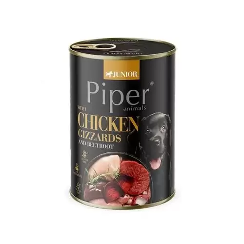 NEW PIPER JUNIOR s kuřecími žaludky a červenou řepou, konzerva pro štěňata, 400 g 