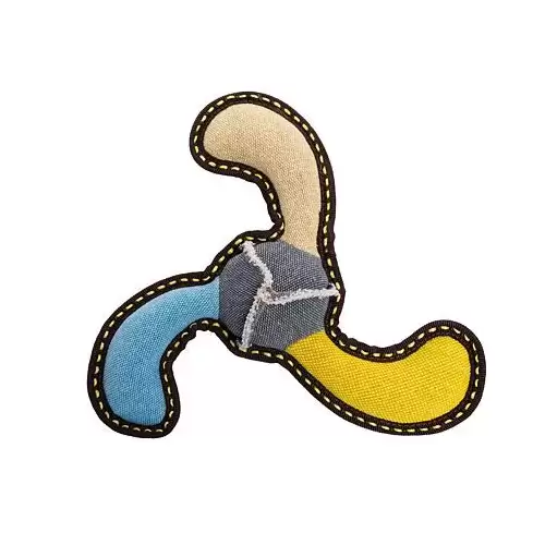 Bumerang 27 cm, robustní aport pro psy, tkaná látka, béžová/modrá/žlutá, HipHop Dog