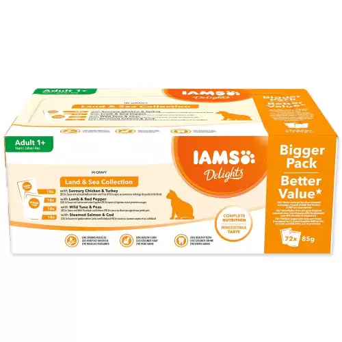 Kapsička IAMS Delights Adult mořské a suchozemské maso v omáčce multipack 6120g (72x85g)
